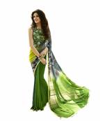 Green plain georgette saree with blouse