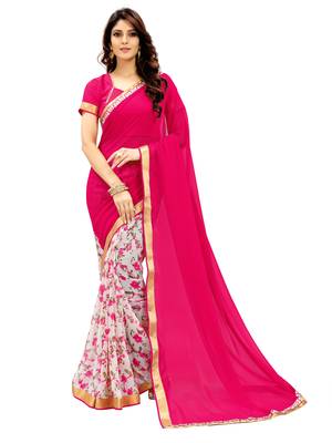 Pink printed faux georgette saree with blouse 1