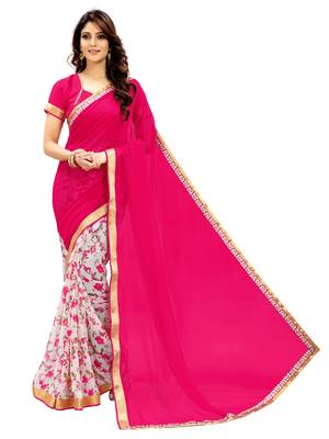 Pink printed faux georgette saree with blouse 2