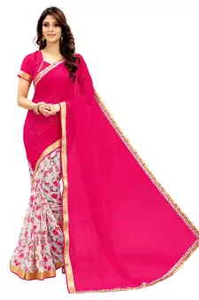 Pink printed faux georgette saree with blouse