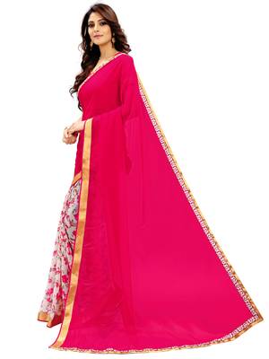 Pink printed faux georgette saree with blouse 3