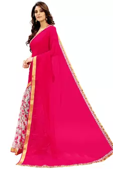 Pink printed faux georgette saree with blouse