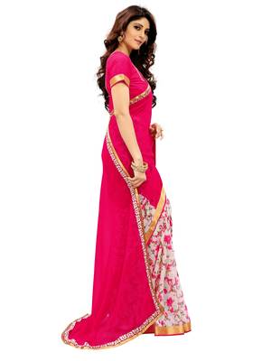 Pink printed faux georgette saree with blouse 4
