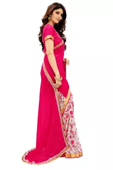 Pink printed faux georgette saree with blouse