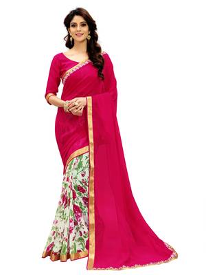 Pink printed faux georgette saree with blouse 1