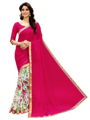 Pink printed faux georgette saree with blouse 2