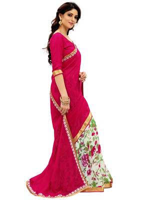 Pink printed faux georgette saree with blouse 4