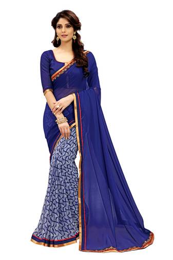 Blue printed faux georgette saree with blouse