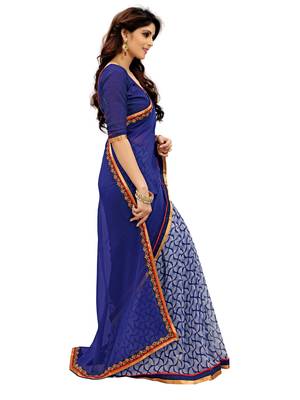 Blue printed faux georgette saree with blouse 3