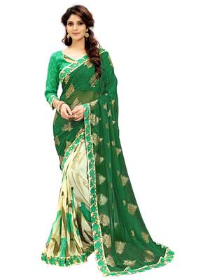Green printed faux georgette saree with blouse 1