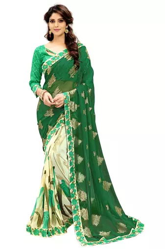 Green printed faux georgette saree with blouse