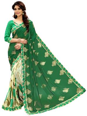 Green printed faux georgette saree with blouse 2