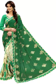 Green printed faux georgette saree with blouse