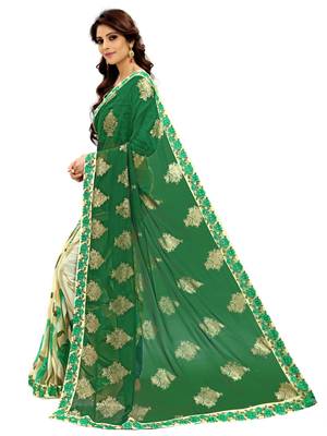 Green printed faux georgette saree with blouse 3