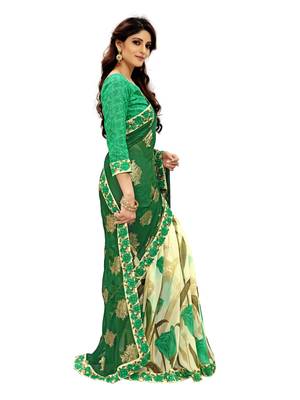Green printed faux georgette saree with blouse 4