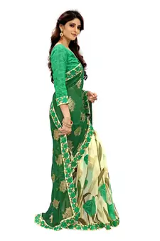 Green printed faux georgette saree with blouse