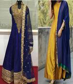 Navy Blue & Gold Color Embroidery Work Bengaluri and taffeta Silk anarkali Salwar Suit for festival collection
