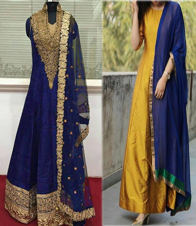 Navy Blue & Gold Color Embroidery Work Bengaluri and taffeta Silk anarkali Salwar Suit for festival collection