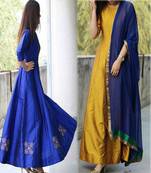 yellow and blue taffeta silk combo anarkali salwar suit offere