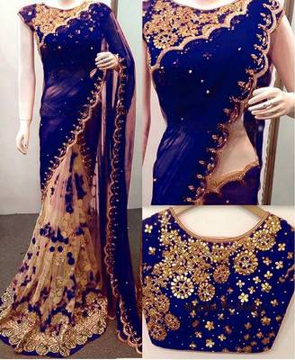 Blue embroidered georgette saree with blouse 1