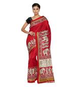 Red printed manipuri silk saree with blouse