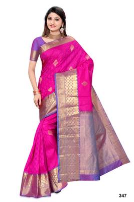 Strawberry pink plain pure silk saree with blouse 1