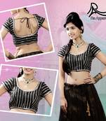 Black Raw Silk Blouse With Silver Lace Work Ready Made Padded Saree Blouse.