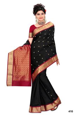 Black plain pure silk saree with blouse 1