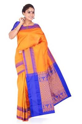 Orange Plain Pure Mix Saree With Blouse 2