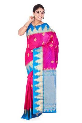 Dark pink plain pure silk saree with blouse 1