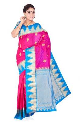 Dark pink plain pure silk saree with blouse 2