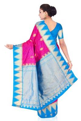 Dark pink plain pure silk saree with blouse 3