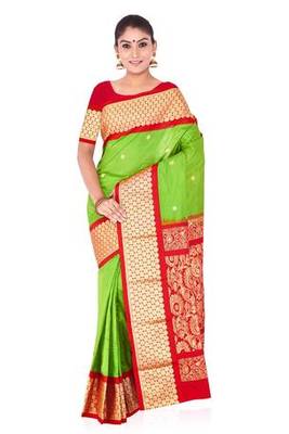parrot green plain pure silk saree with blouse 1