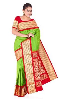 parrot green plain pure silk saree with blouse 2