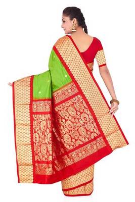 parrot green plain pure silk saree with blouse 3