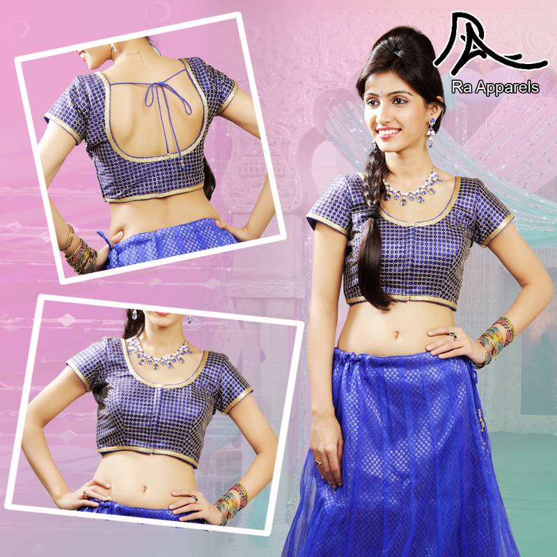 Blue Raw Silk Blouse With Gold Embroidered Work Ready Made Padded Saree Blouse. Ra 45