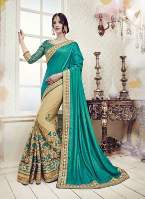 Turquoise embroidered silk saree with blouse 1