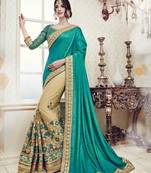 Turquoise embroidered silk saree with blouse