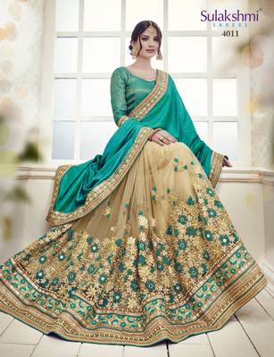 Turquoise embroidered silk saree with blouse 2