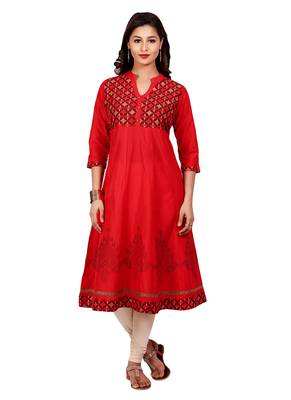 Red golden_print cotton_poly stitched kurti 1
