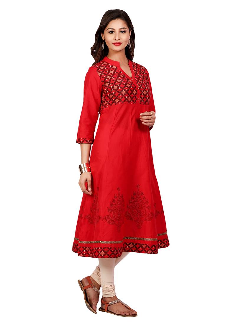 Red golden_print cotton_poly stitched kurti