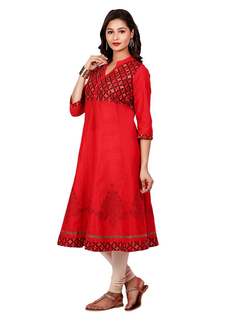 Red golden_print cotton_poly stitched kurti