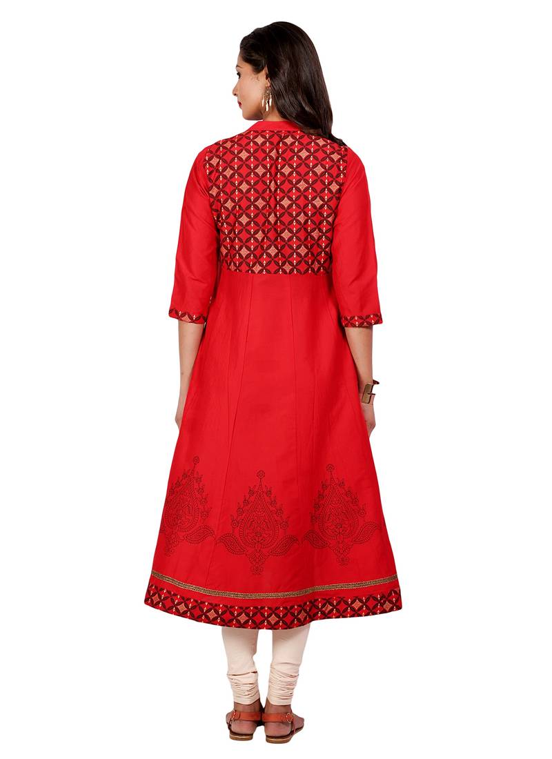 Red golden_print cotton_poly stitched kurti