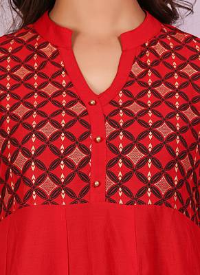 Red golden_print cotton_poly stitched kurti 5