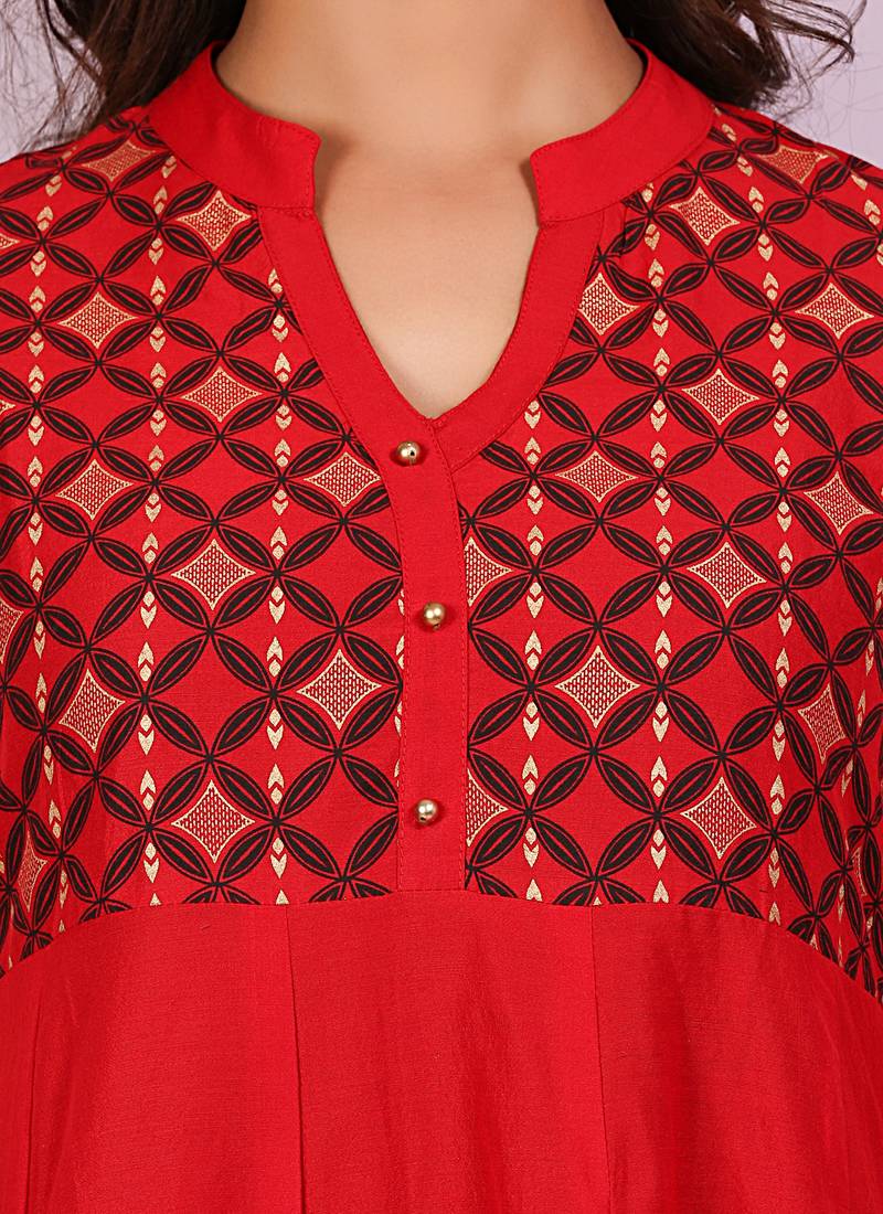 Red golden_print cotton_poly stitched kurti