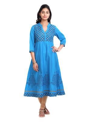 Blue golden_print cotton_poly stitched kurti 1