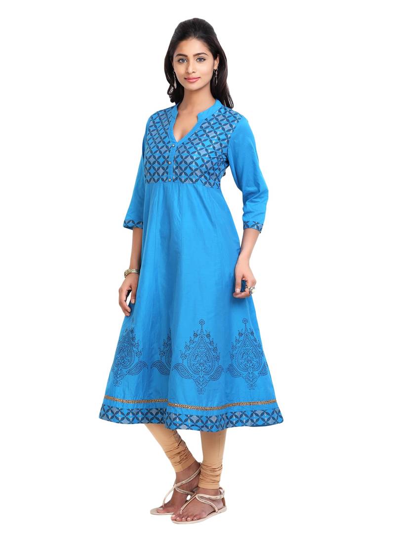 Blue golden_print cotton_poly stitched kurti