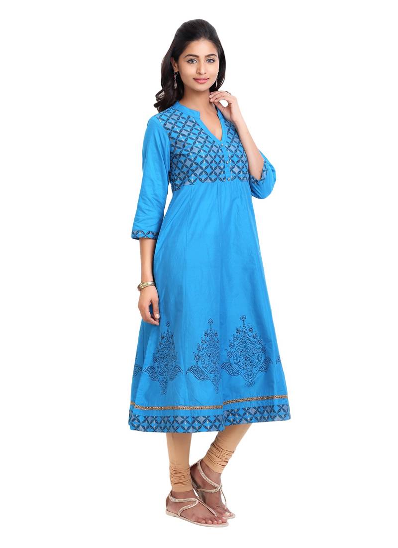 Blue golden_print cotton_poly stitched kurti