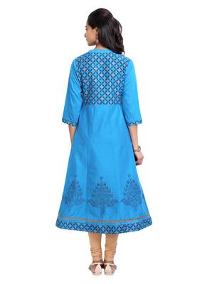 Blue golden_print cotton_poly stitched kurti 4