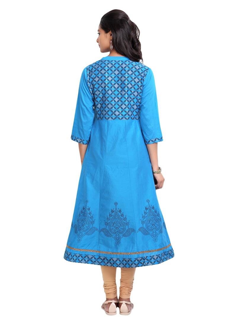 Blue golden_print cotton_poly stitched kurti